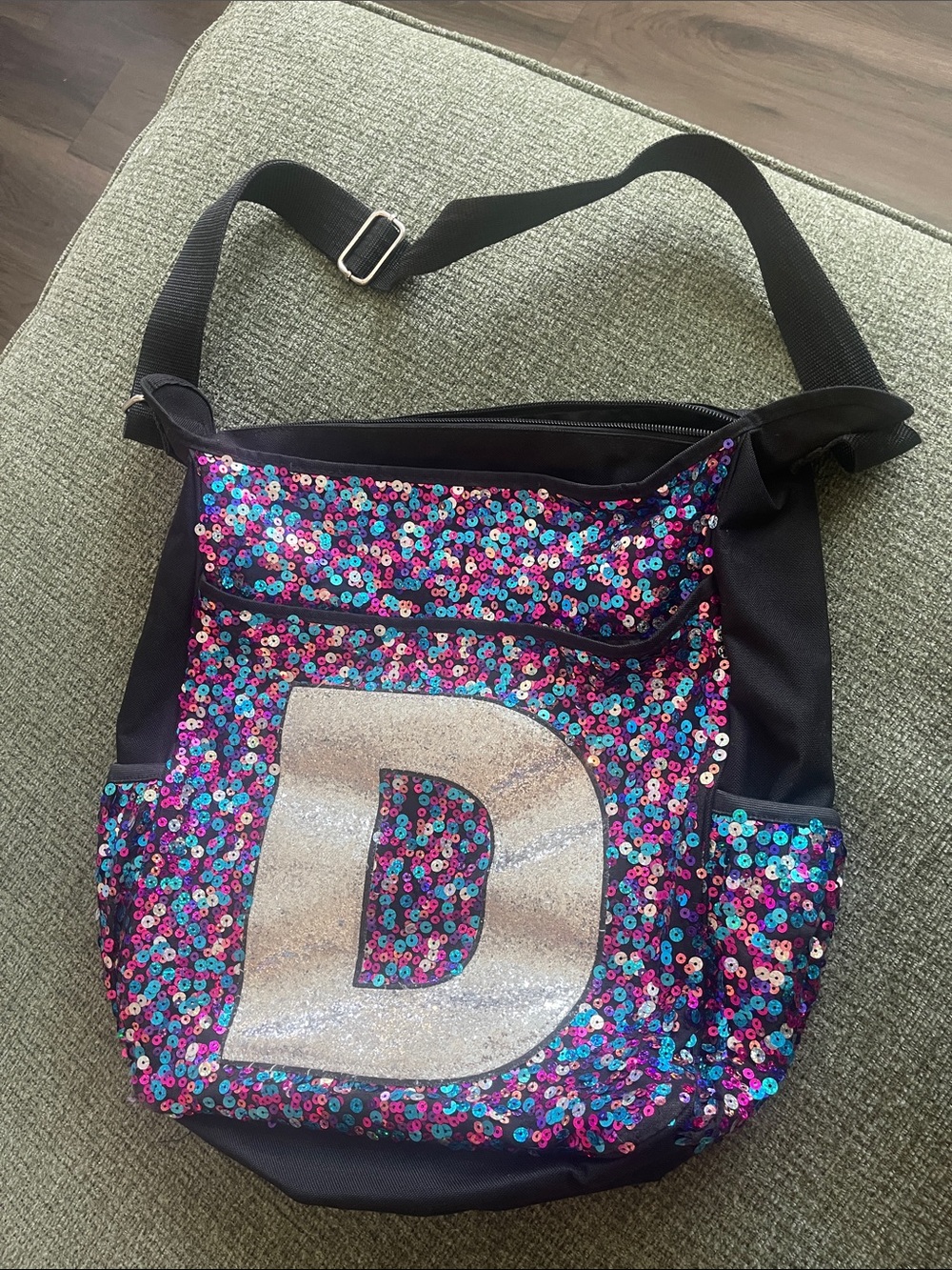 Sparkle Sequin Crossbody Bag with Silver 'D' Accent - Black/Purple/Pink